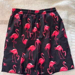 SHEIN Black Swim Trunks with Pink Flamingo Print
